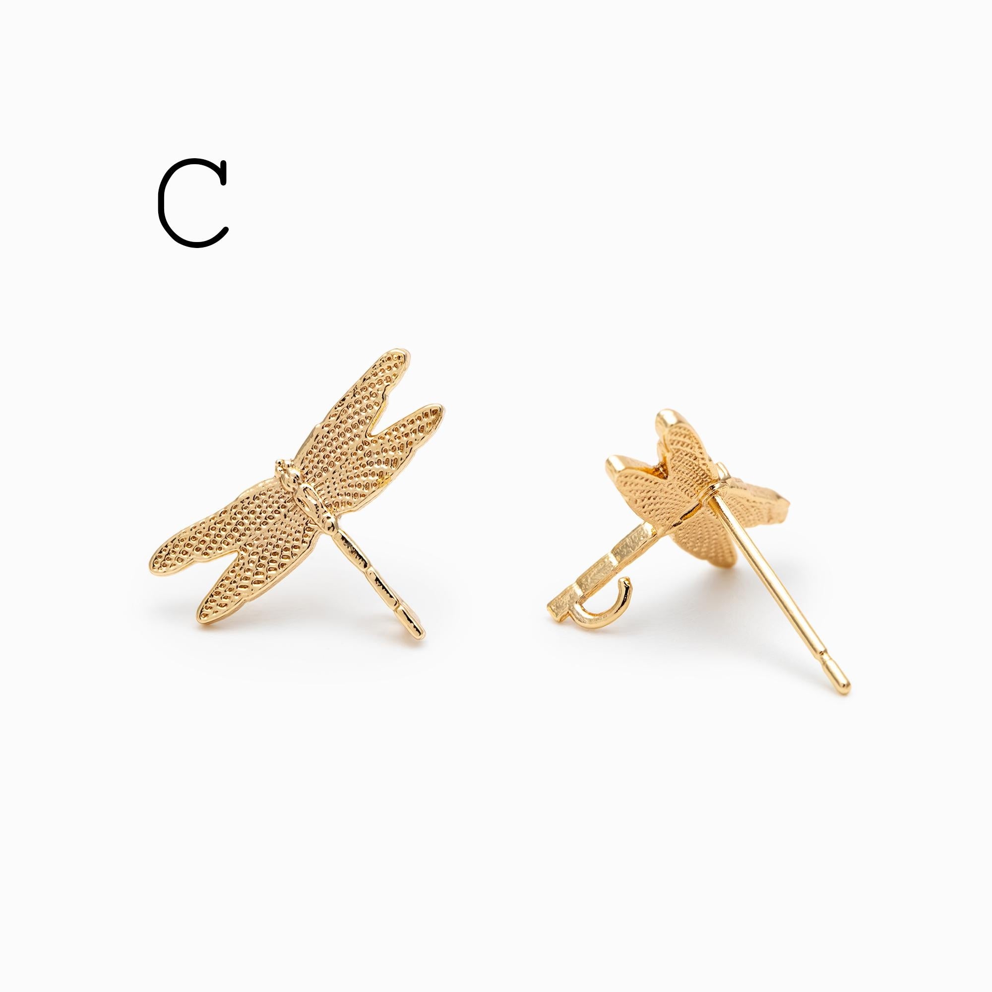 10pcs Gold Dragonfly Butterfly Heart Earring with Loop, Gold Plated Brass Stud Earrings, Jewelry Findings, Wholesale Supplies (GB-415)
